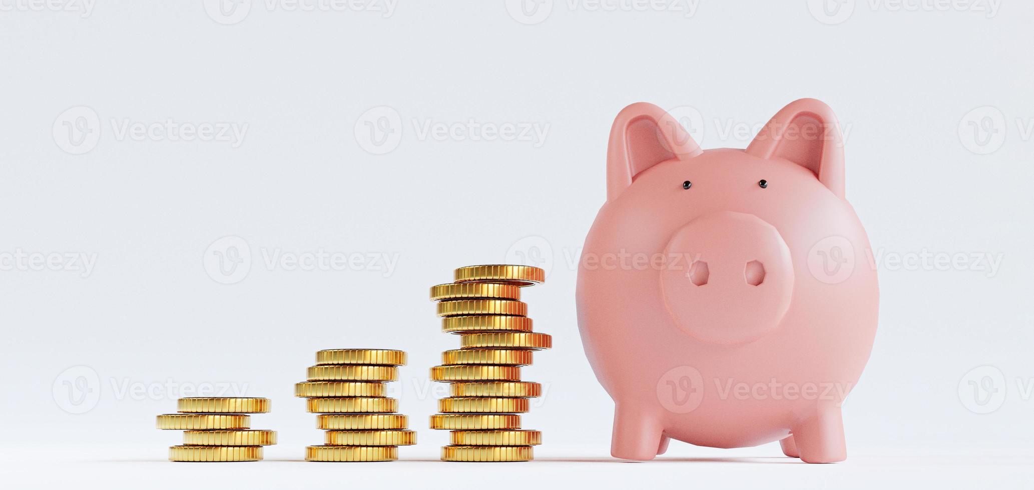 el apilamiento de monedas de oro y el piggy rosa ahorran dinero en fondo blanco para el depósito y el concepto de crecimiento del ahorro financiero en 3d. foto