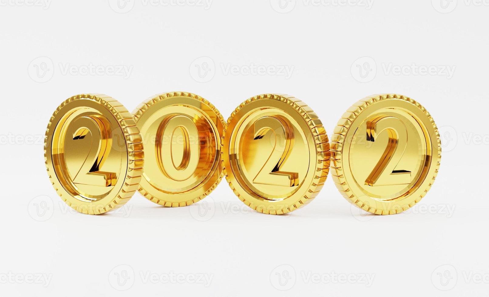 aislar del año 2022 en monedas de oro sobre fondo blanco para preparar el año nuevo y ganar dinero concepto por 3d render. foto