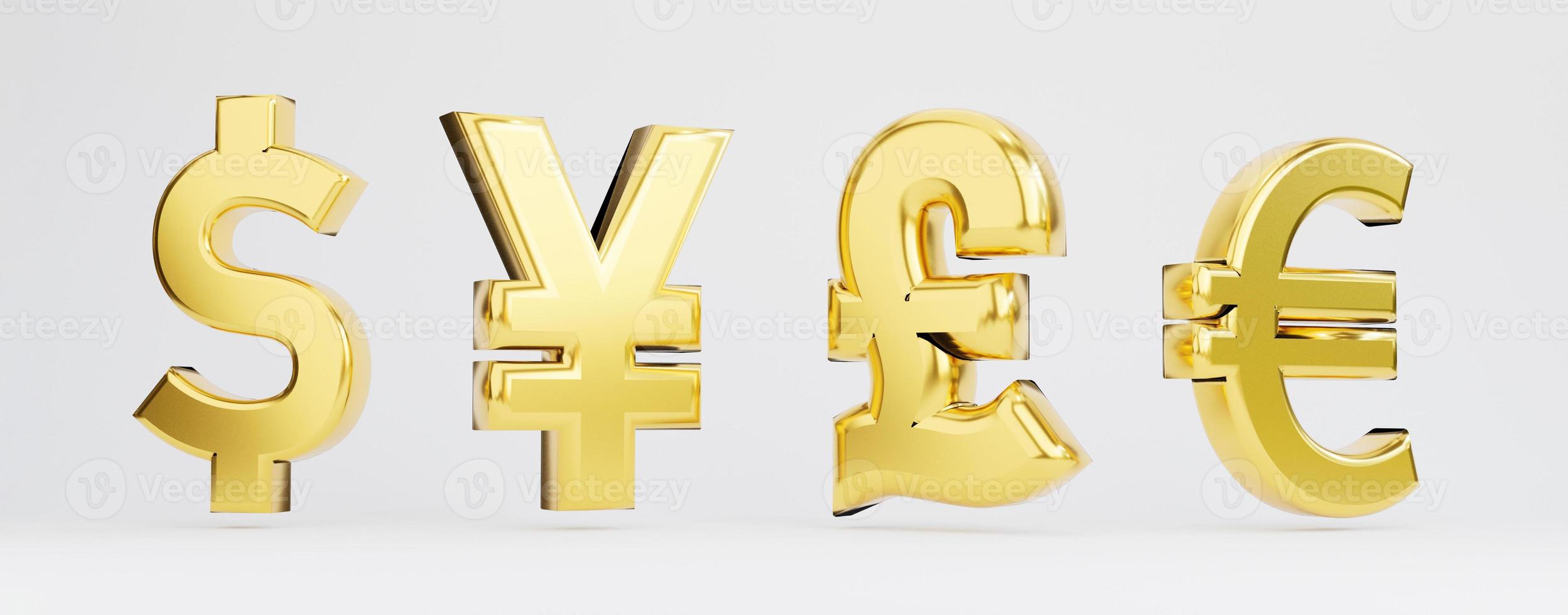 Isolate four main golden currency include US dollar Yuan or Yen Pound sterling and Euro on white background for currency exchange concept by 3d rendering. photo