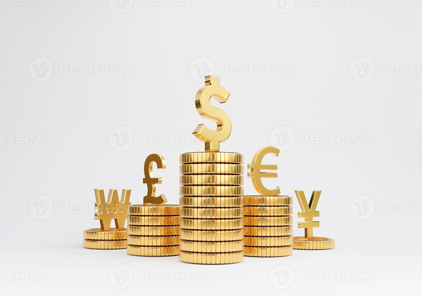 Isolate of main currency on golden coin stacking include dollar euro pound sterling yen yuan and won on white background for currency exchange concept by 3d rendering. photo