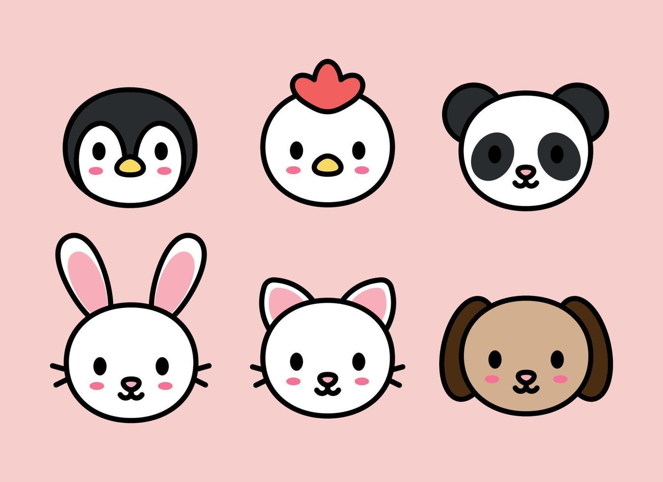 icono de animales lindos. iconos de pingüino, pollo, panda, conejo, gato y perro. vector