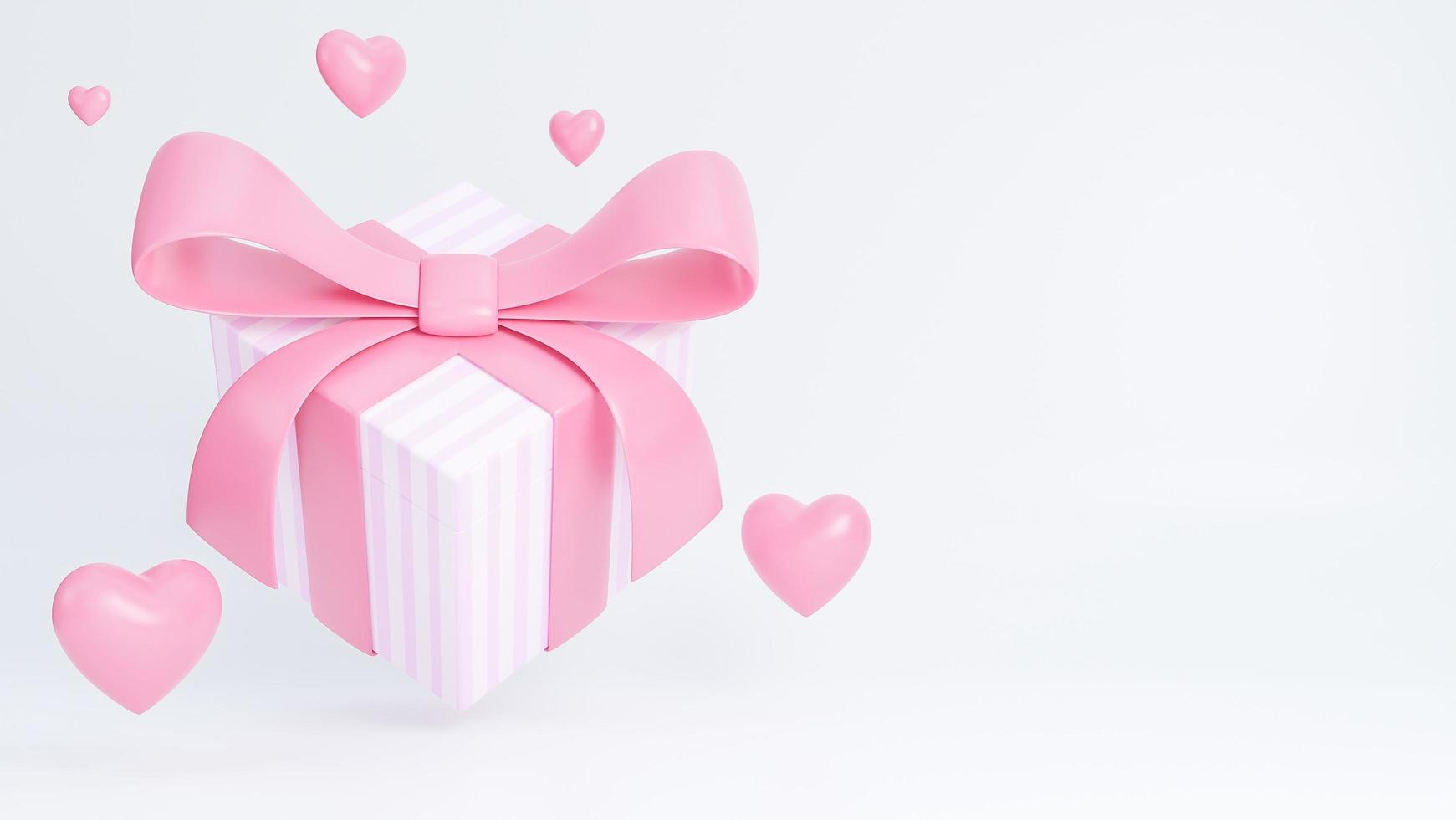 banner de feliz día de san valentín con caja de regalo y corazones objetos 3d sobre fondo rosa, modelo 3d e ilustración. foto