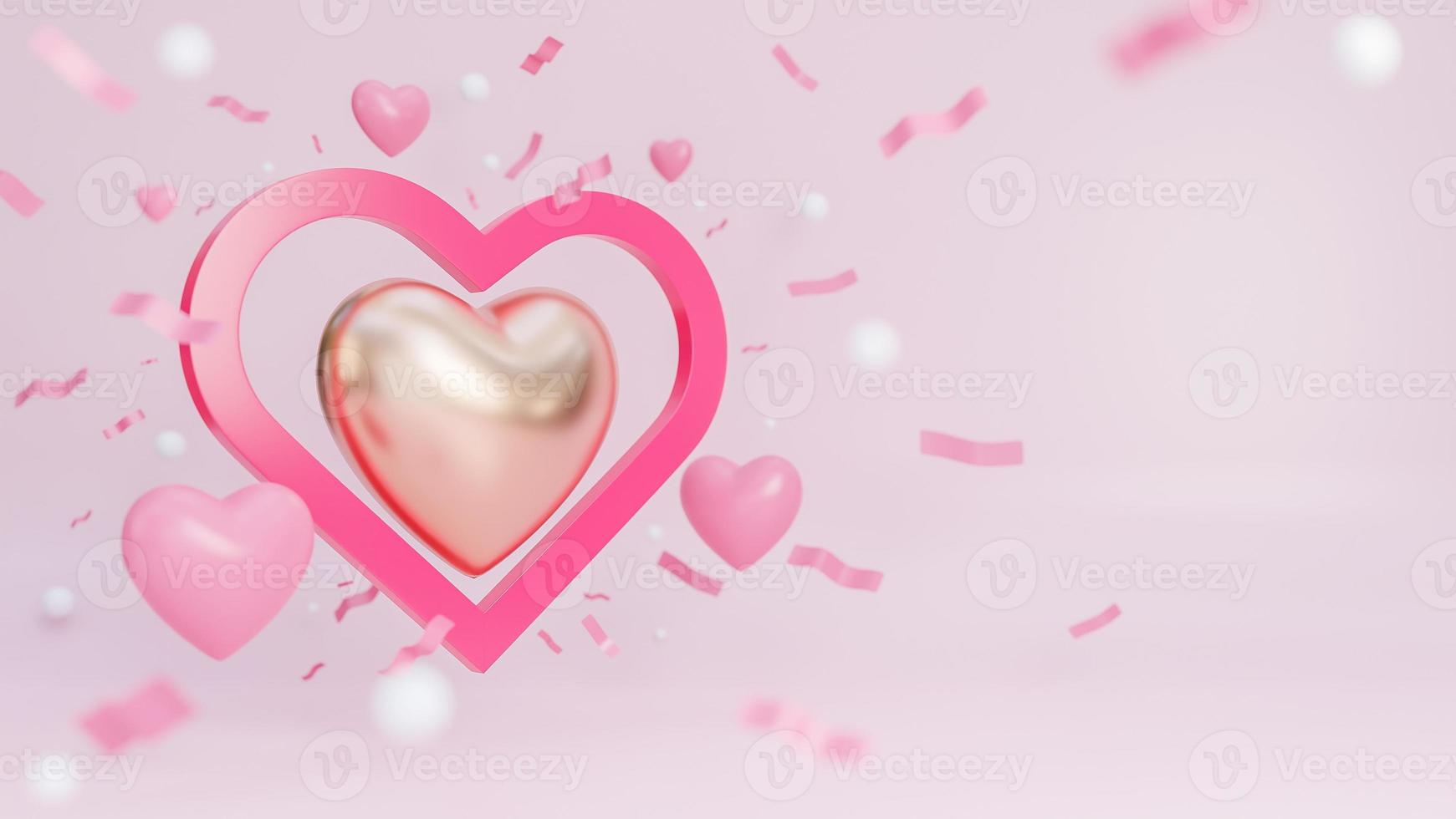 banner de feliz día de san valentín con muchos corazones y corazón dorado sobre fondo rosa., modelo 3d e ilustración. foto