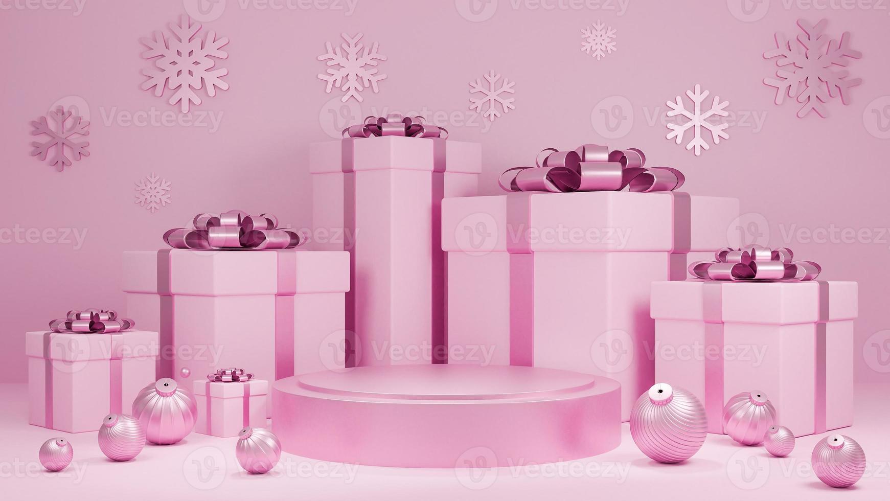 Holiday Christmas and Happy new year pastel pink color background with a gift box and podium display stand for show Luxury products packaging presentation.,3d model and illustration. photo