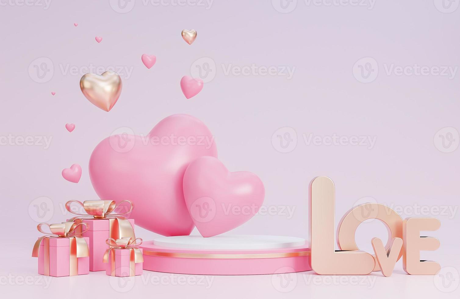 banner de feliz día de san valentín con podio para la presentación del producto y corazones objetos 3d sobre fondo rosa, modelo 3d e ilustración. foto