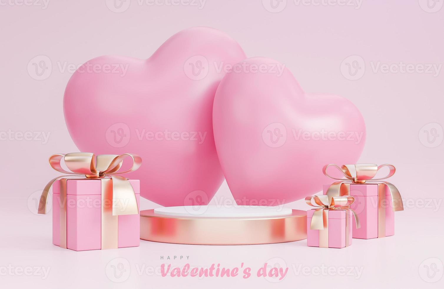 Happy valentine's day with 3d empty podium and romantic valentine decorations on pink background.,3d model and illustration. photo