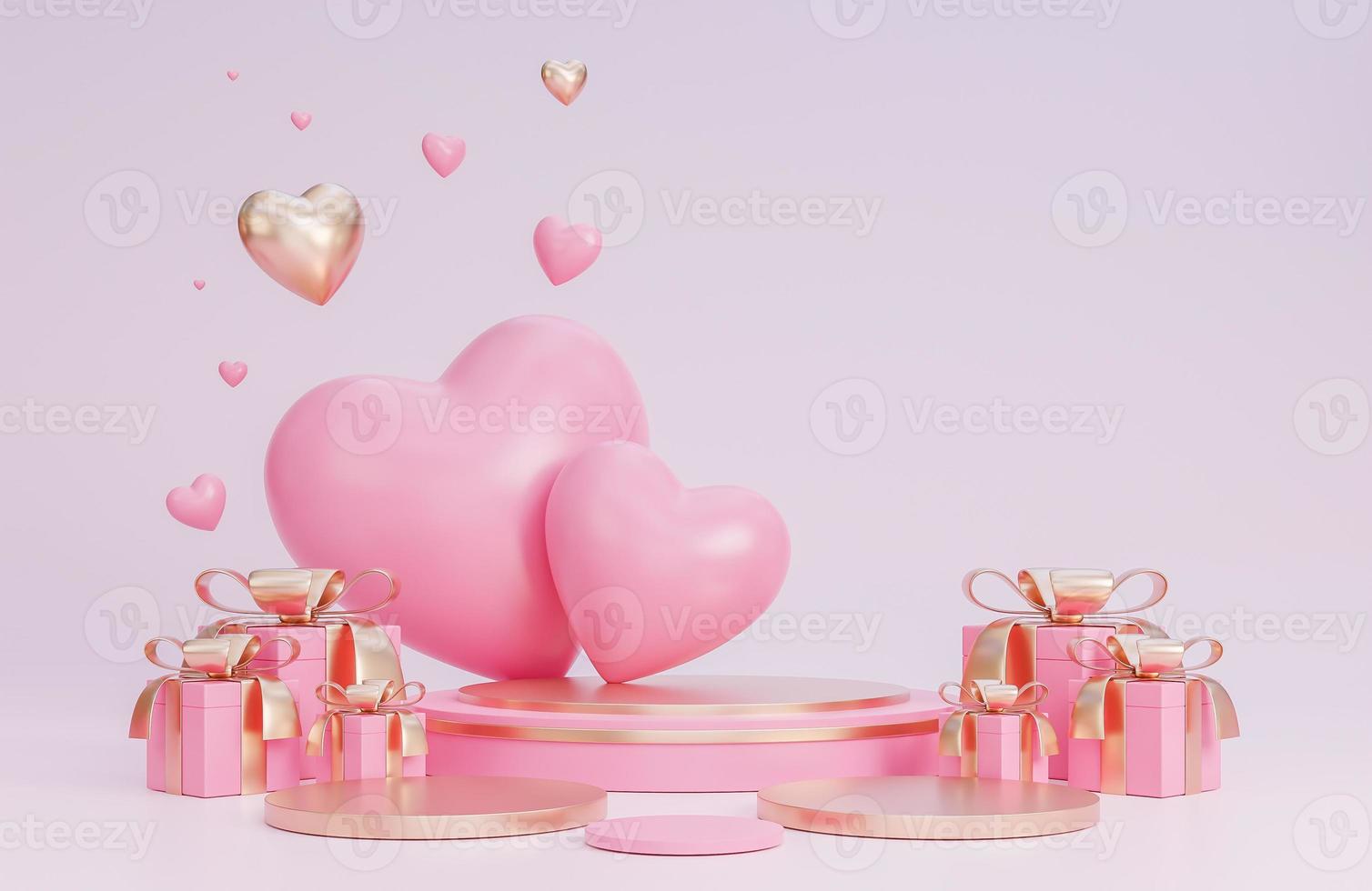 Happy valentine day banner with podium for product presentation and hearts 3d objects on pink background.,3d model and illustration. photo