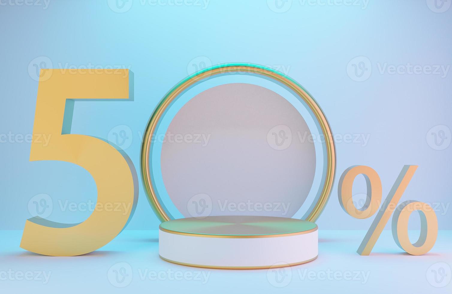 podio blanco y dorado y texto 50 para la presentación del producto y arco dorado en la pared blanca con estilo de lujo de fondo de iluminación, modelo 3d e ilustración. foto