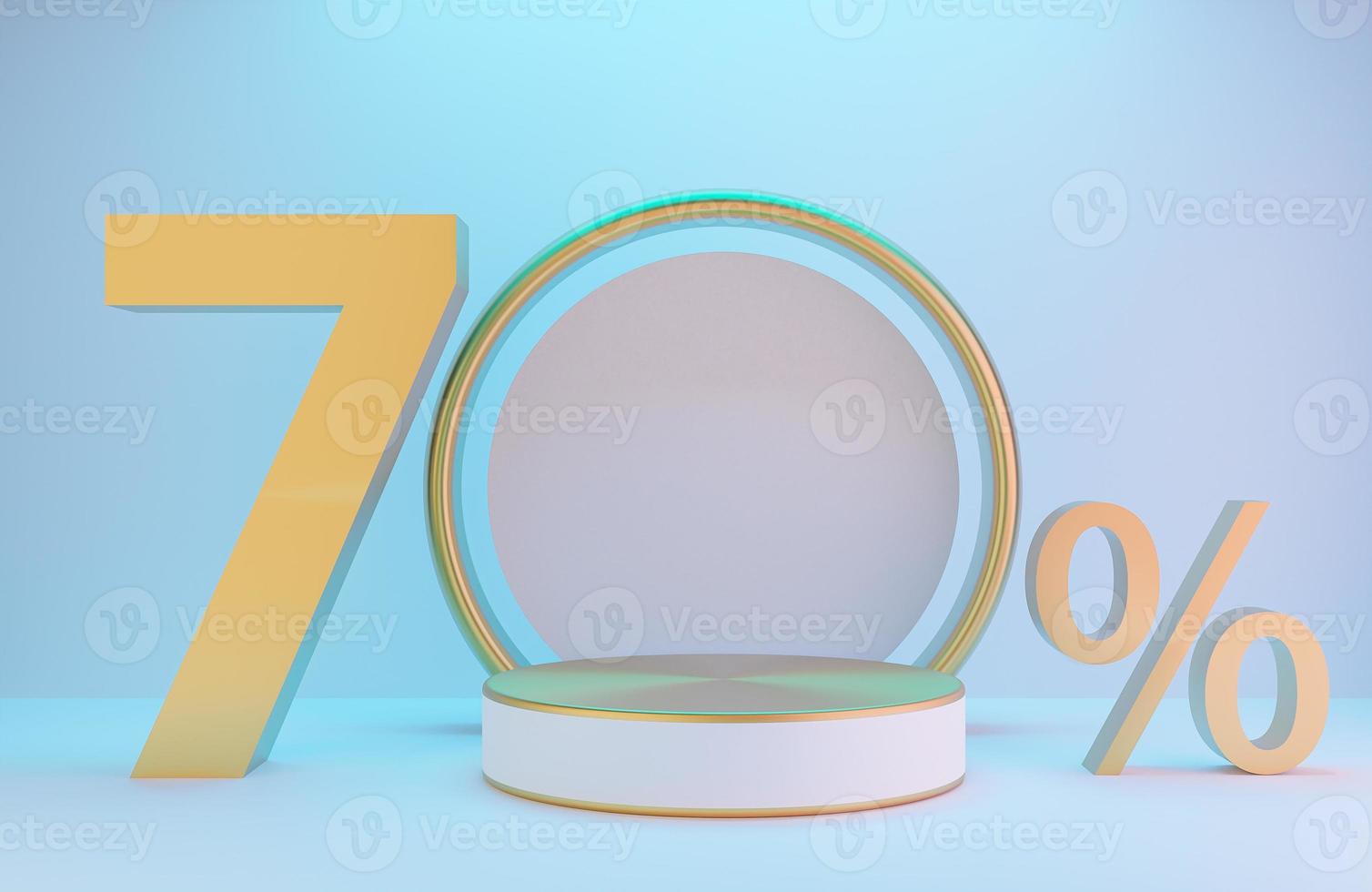 White and Gold podium and text 70 for product presentation and golden arch on white wall with lighting background luxury style.,3d model and illustration. photo