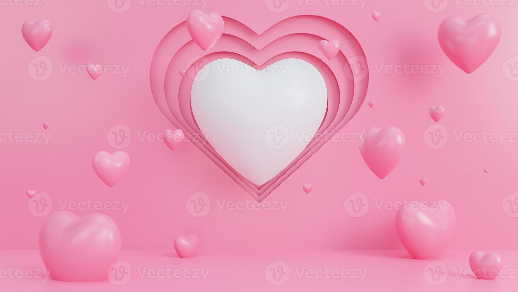 Fondo de pantalla de feliz día de San Valentín en papel con muchos corazones objetos 3d sobre fondo rosa, modelo 3d e ilustración. foto