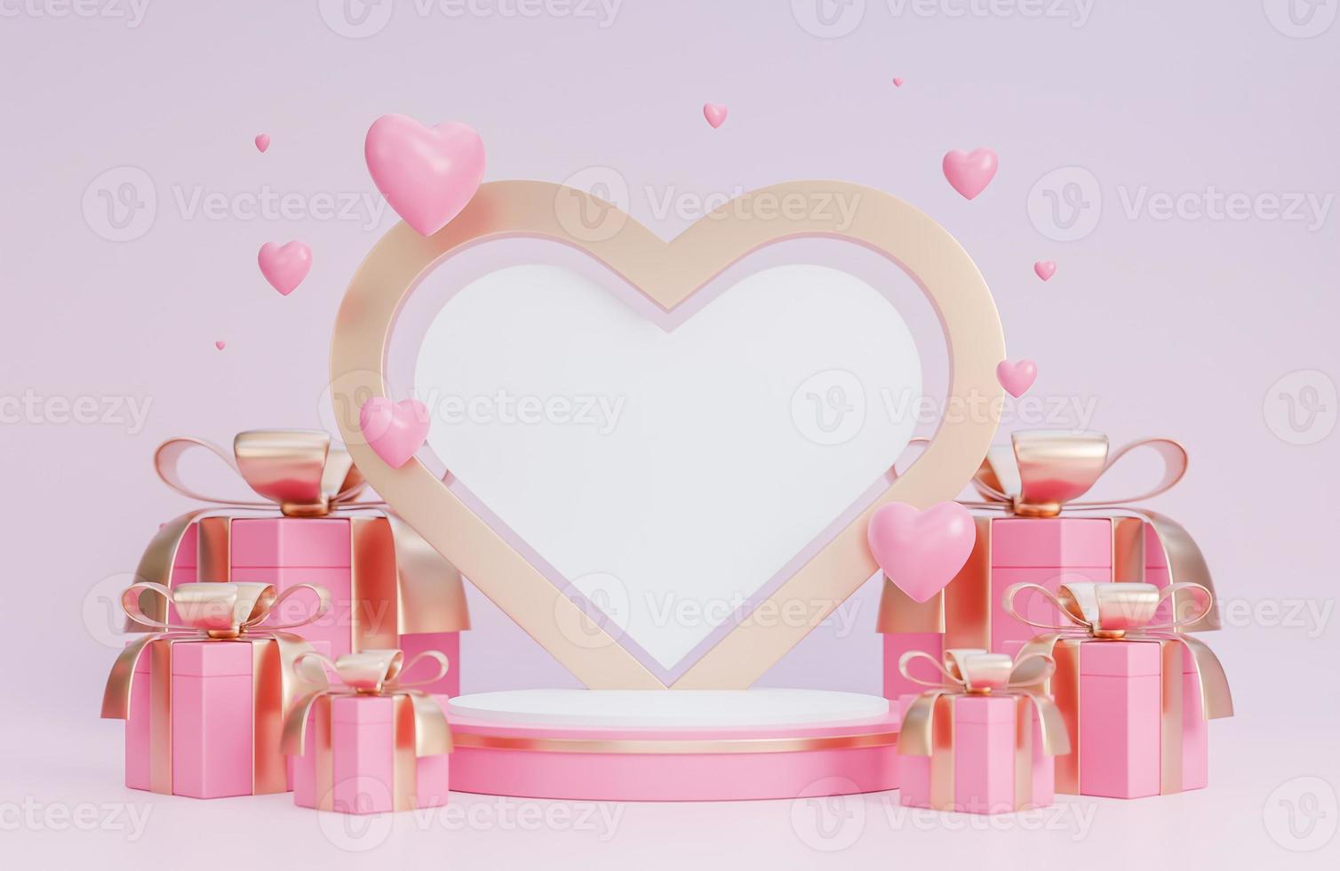 banner de feliz día de san valentín con podio para la presentación del producto y corazones objetos 3d sobre fondo rosa, modelo 3d e ilustración. foto