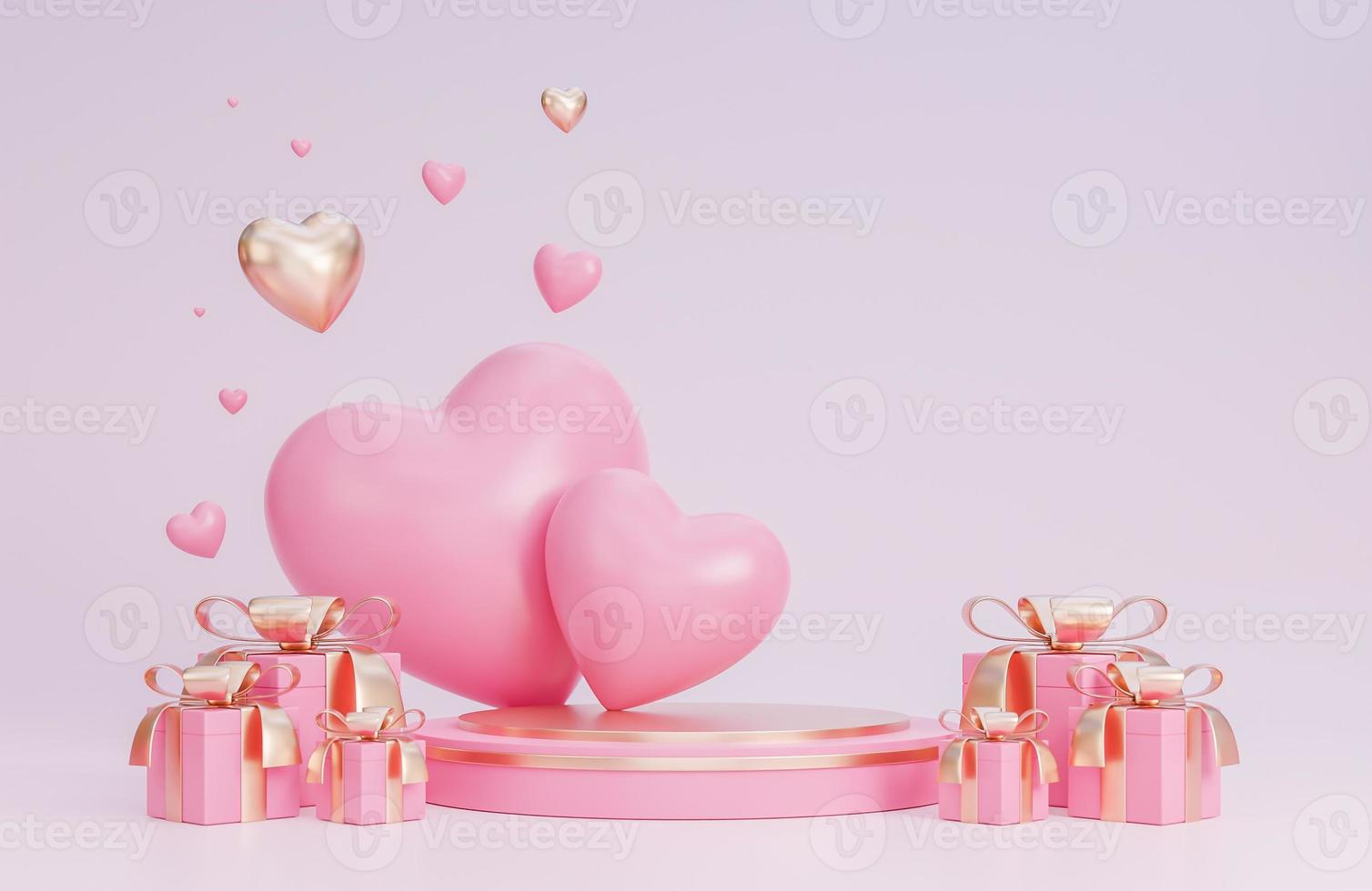 Happy valentine day banner with podium for product presentation and hearts 3d objects on pink background.,3d model and illustration. photo