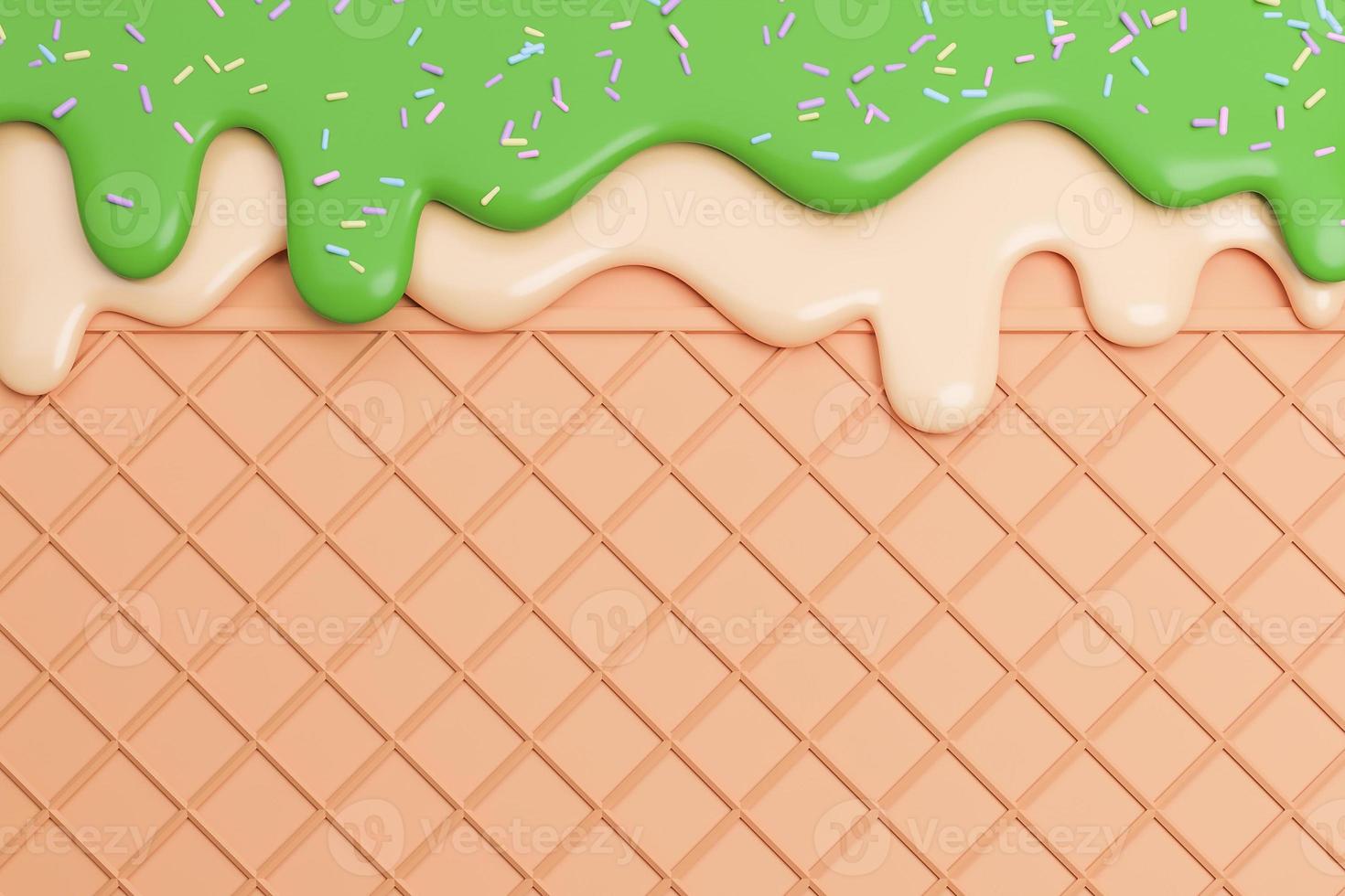 Green tea and Vanilla Ice Cream Melted on Wafer Background.,3d model and illustration. photo