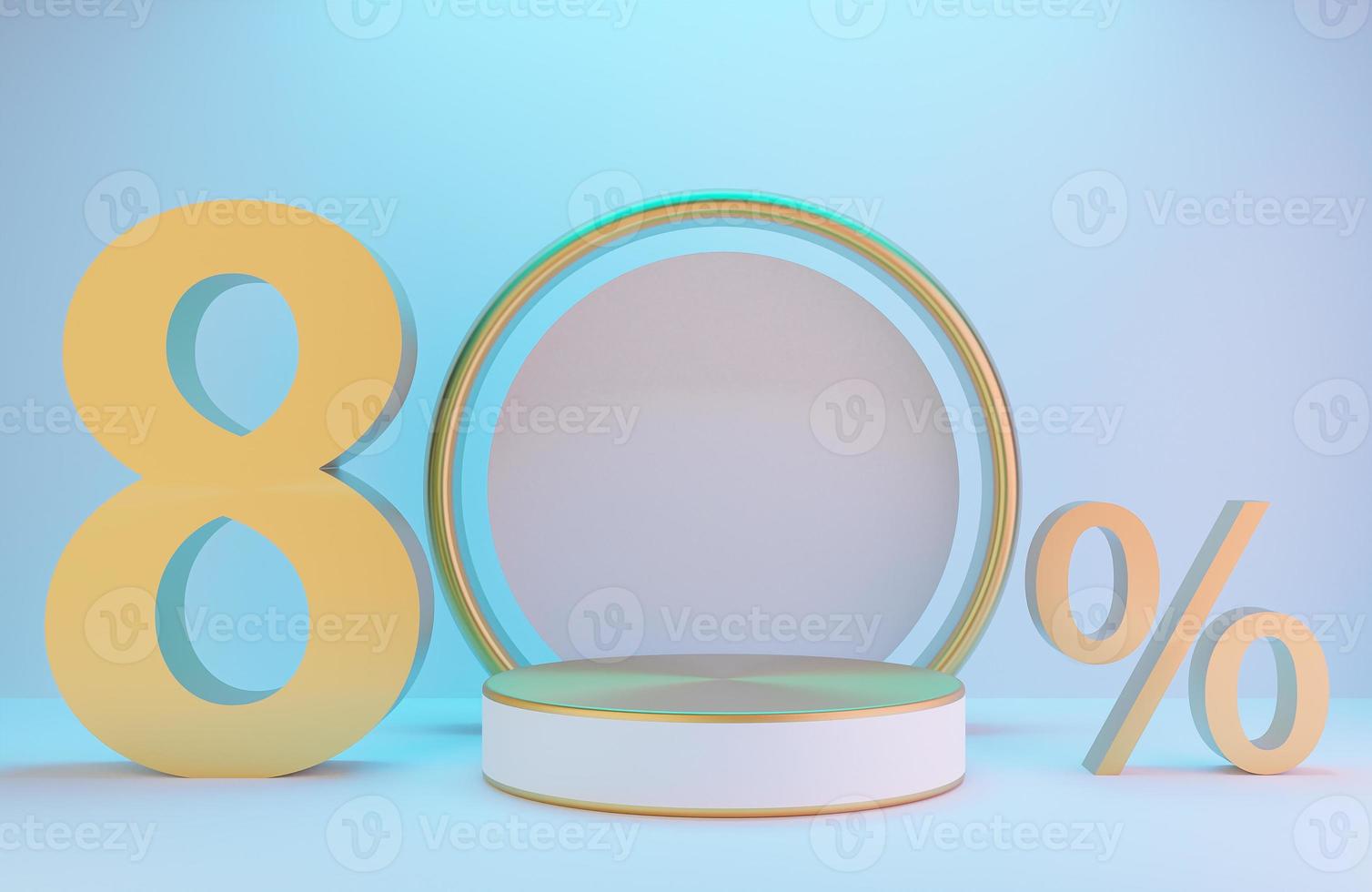 podio blanco y dorado y texto 80 para la presentación del producto y arco dorado en la pared blanca con estilo de lujo de fondo de iluminación, modelo 3d e ilustración. foto