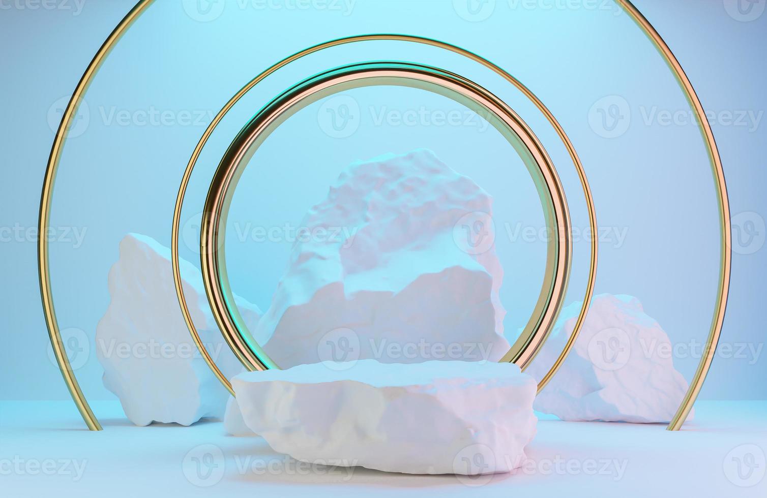 White stone podium for product presentation and golden arch on white wall with lighting background luxury style.,3d model and illustration. photo