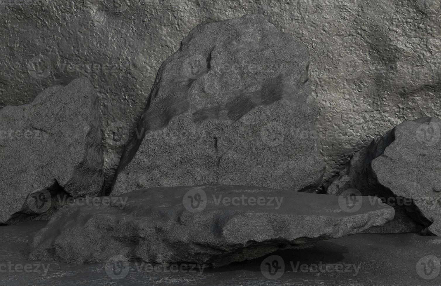 Black stone podium for product presentation on stone wall background luxury style.,3d model and illustration. photo