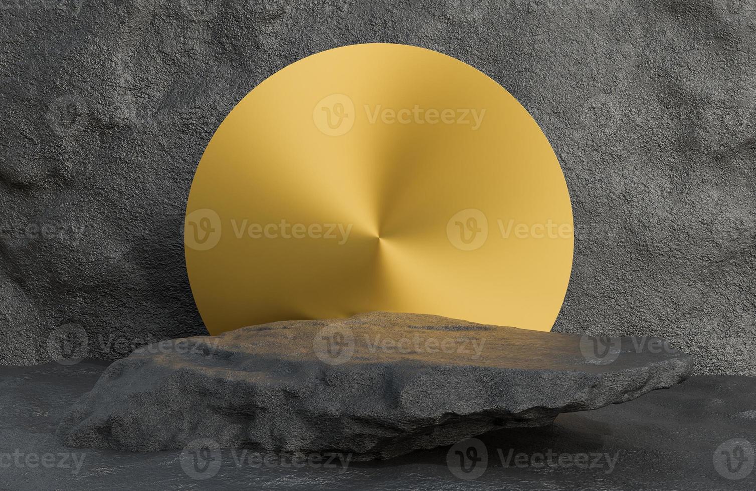 Black stone podium for product presentation and golden arch on stone wall background luxury style.,3d model and illustration. photo