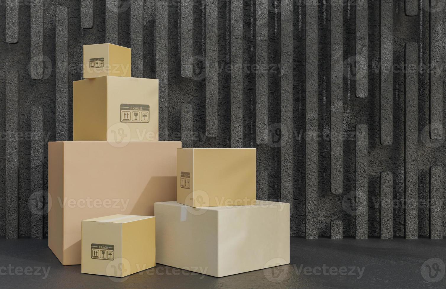Heap of cardboard boxes for the delivery of goods, parcels on black stone background.,3d model and illustration. photo