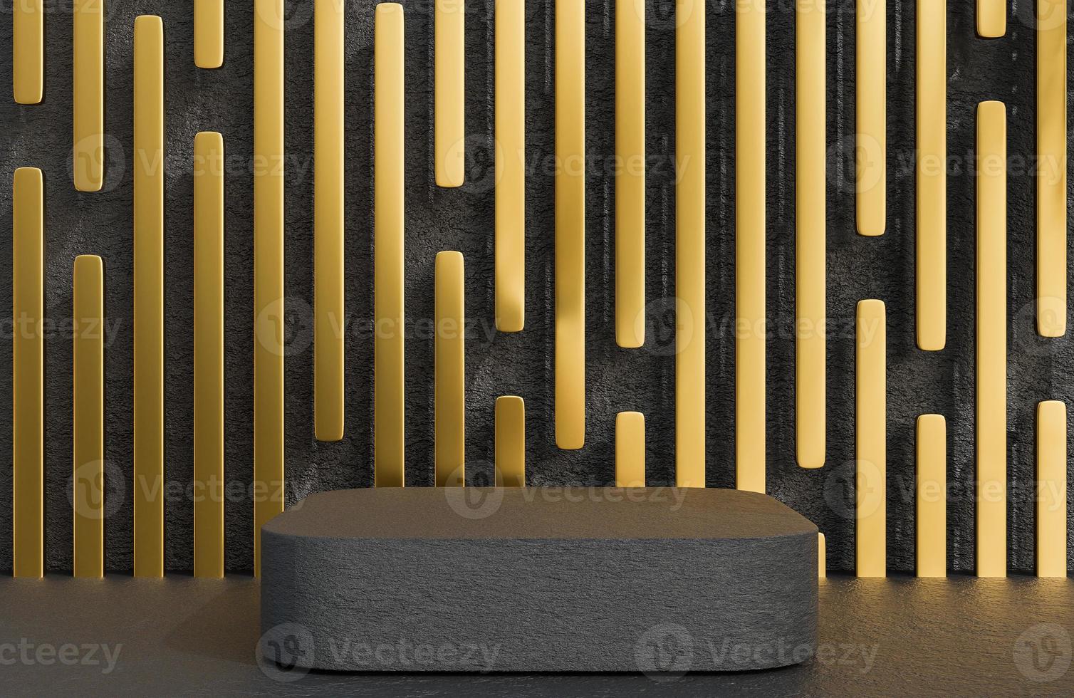 Black stone square podium for product presentation on golden wall background luxury style.,3d model and illustration. photo
