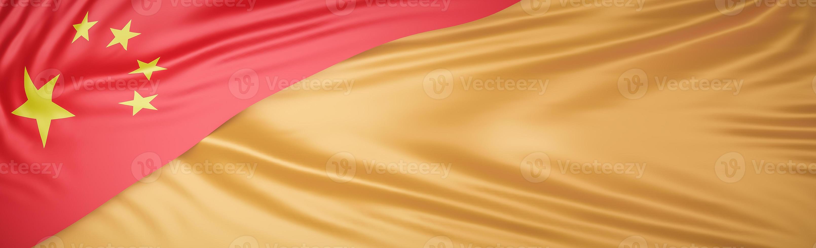 Beautiful China Flag Wave Close Up on gold silk banner background with copy space.,3d model and illustration. photo