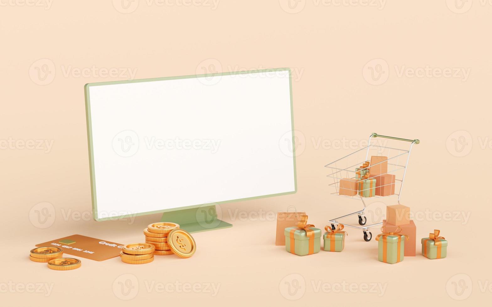 3d illustration of shopping online concept, blank screen laptop with giftbox and shopping bag photo