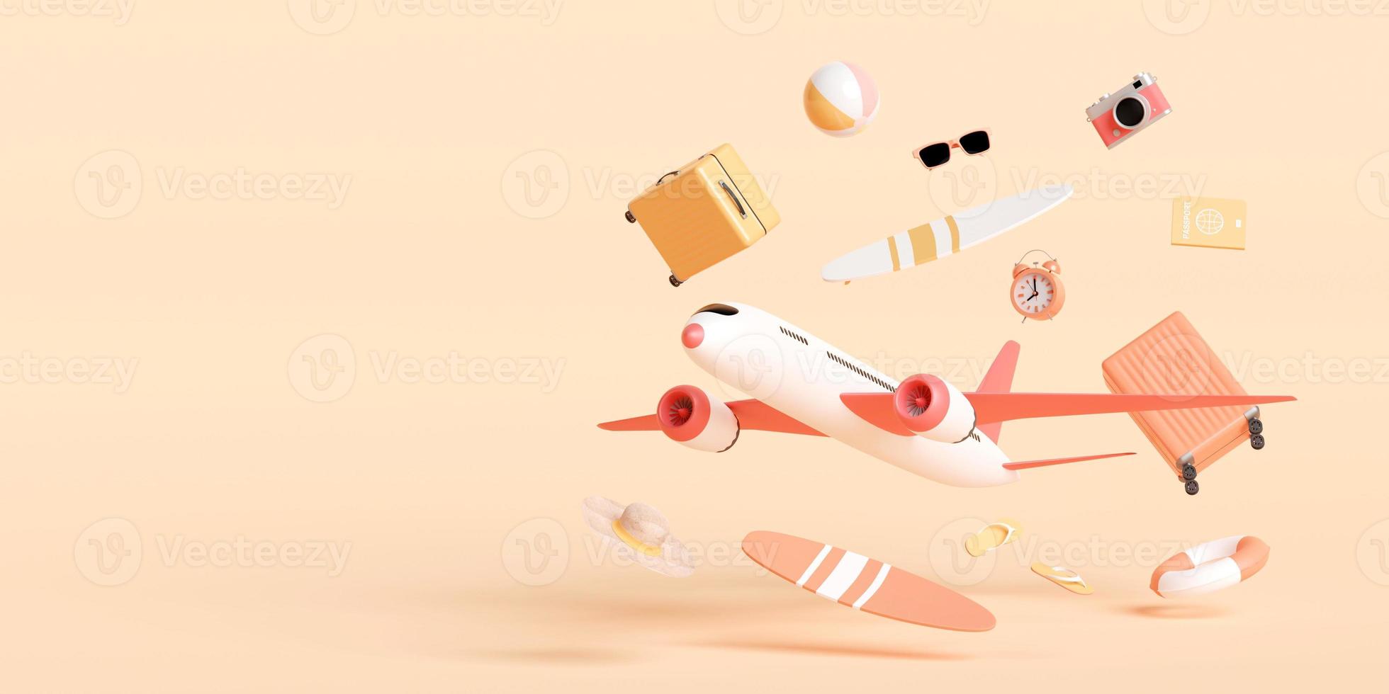 concepto de vacaciones de verano, viaje en avión con accesorios de viaje, ilustración 3d foto