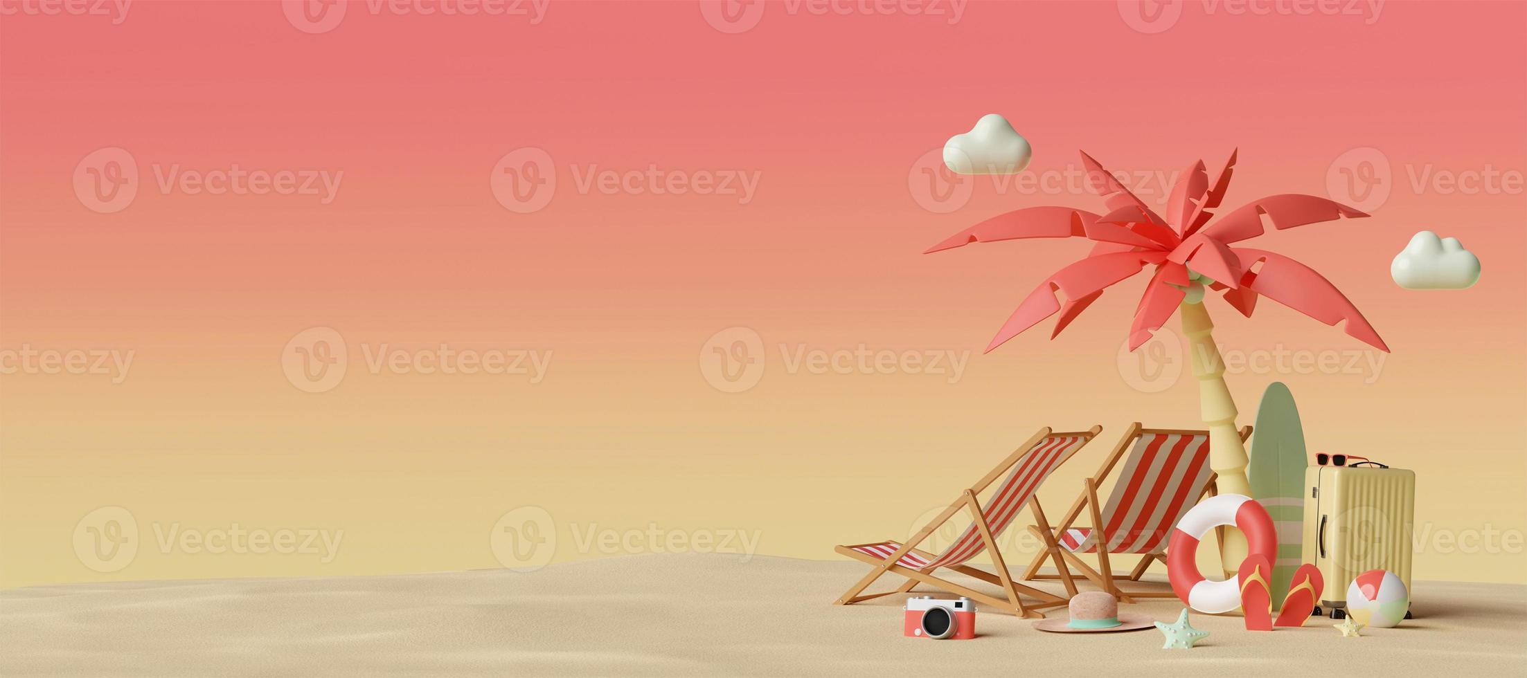 Summer vacation concept, Banner of beach chairs and accessories under palm tree, 3d illustration photo