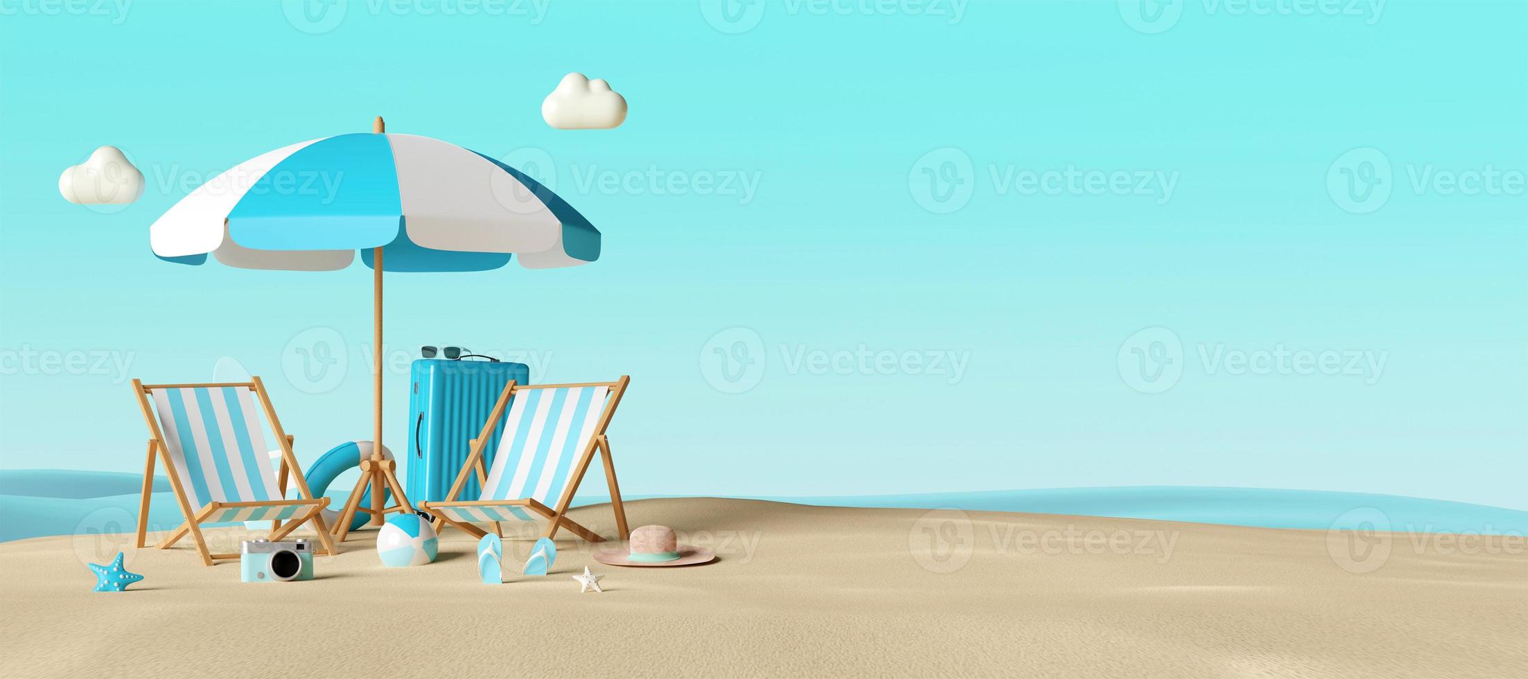 concepto de vacaciones de verano, pancarta de sillas de playa y accesorios en la playa, ilustración 3d foto