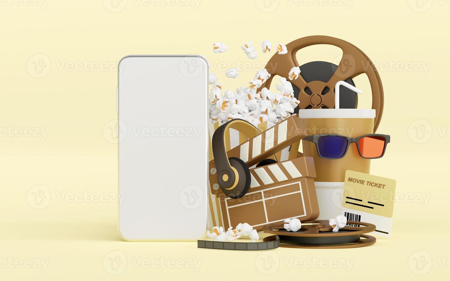 3d illustration of Streaming online application, watching movie online on smartphone or buy ticket online photo