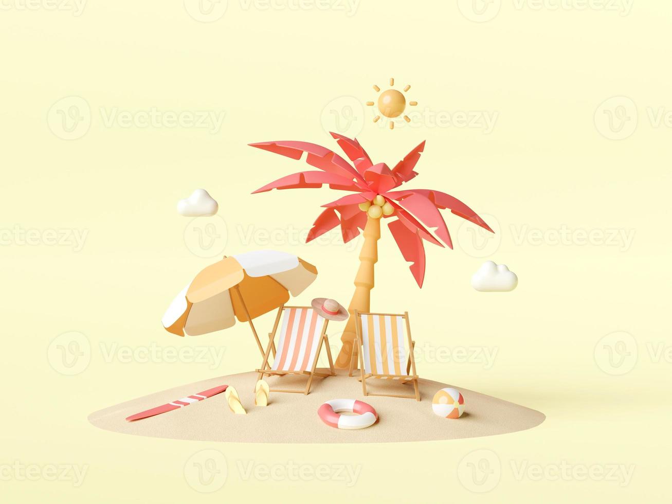 Summer vacation concept, Beach chairs and accessories under palm tree on the beach, 3d illustration photo