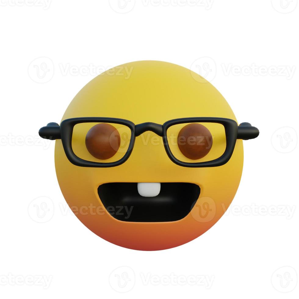 3d illustration laughing emoticon wearing clear glasses and bunny teeth photo