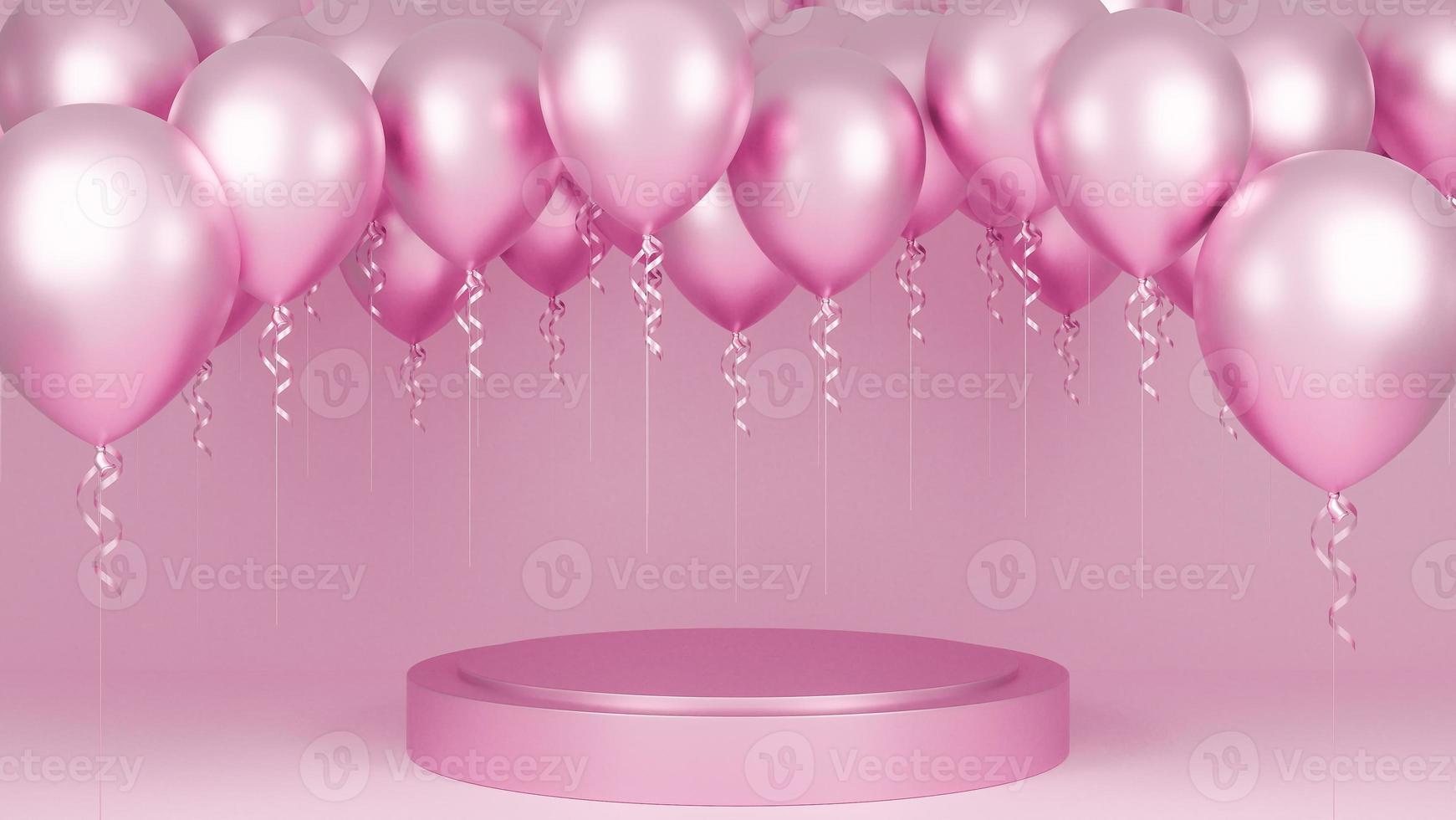 Pink balloons floating with podium in pink pastel background., birthday party and new year concept., 3d model and illustration. photo