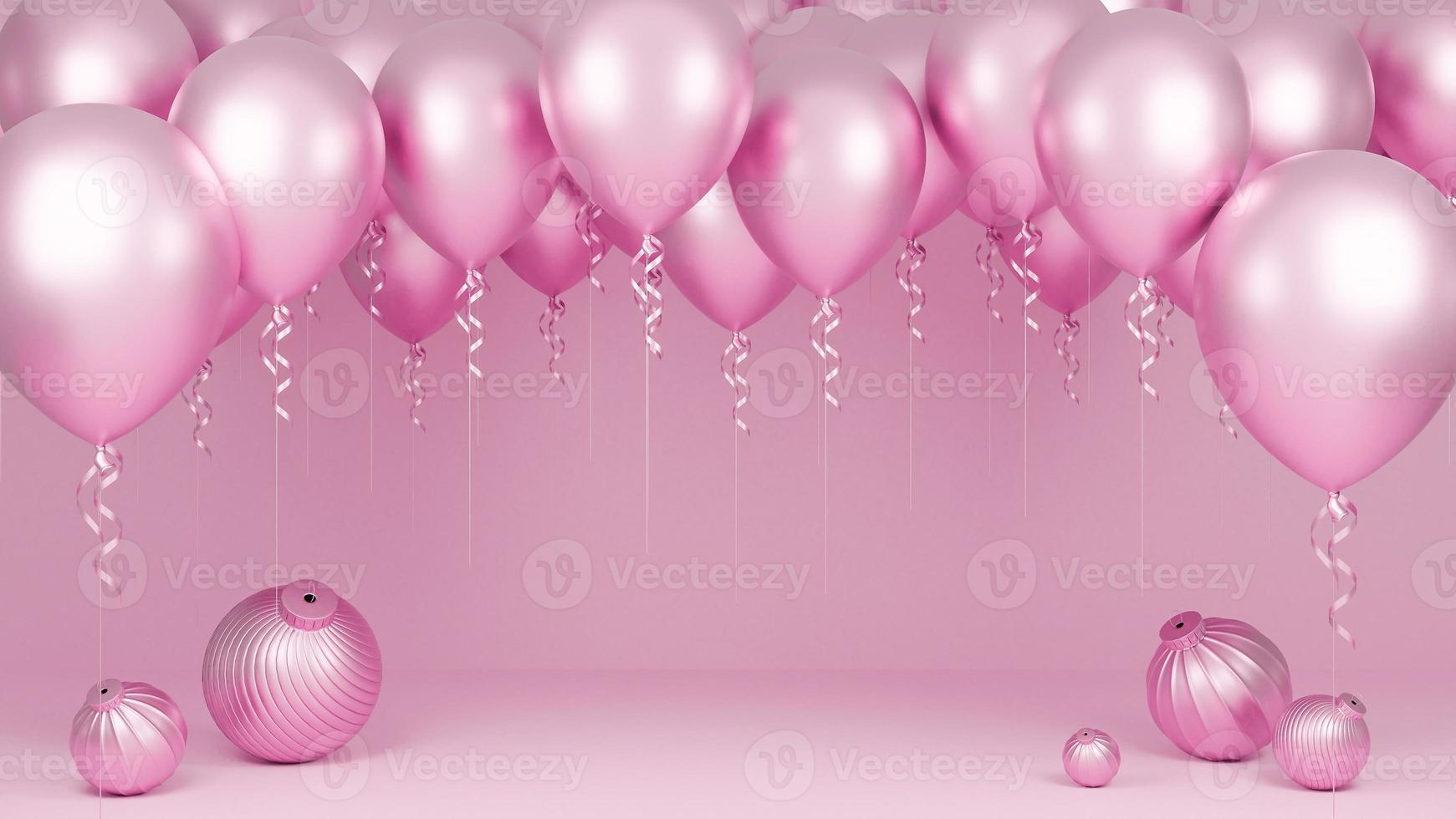 Pink balloons floating with podium and ornament in pink pastel background., birthday party and new year concept., 3d model and illustration. photo
