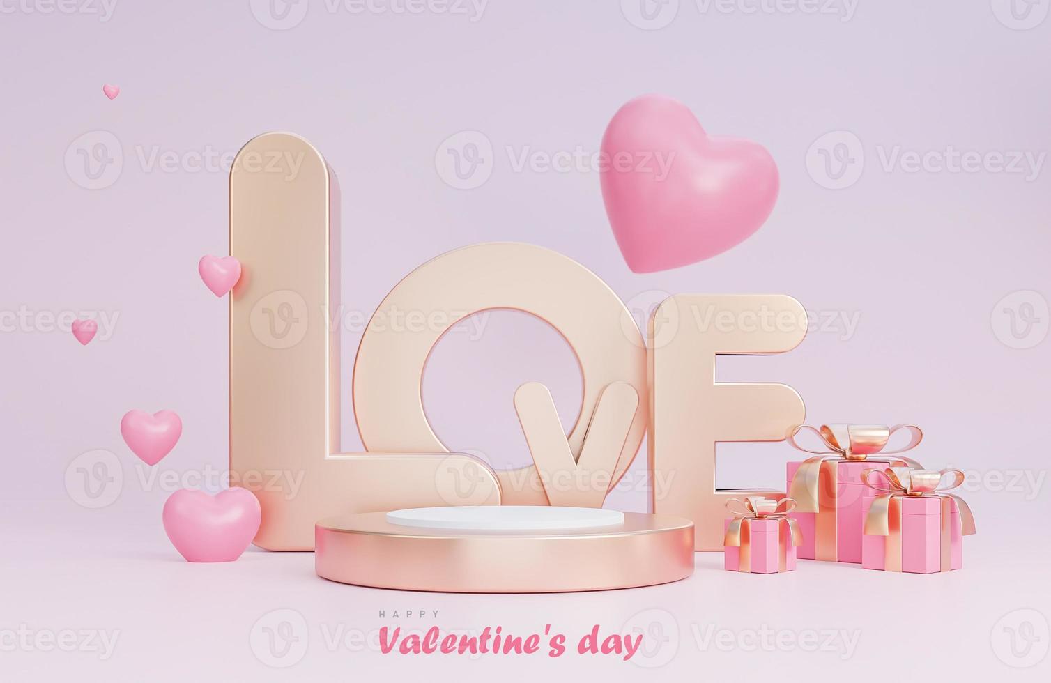 Happy valentine day banner with podium for product presentation and Love 3d objects on pink background.,3d model and illustration. photo