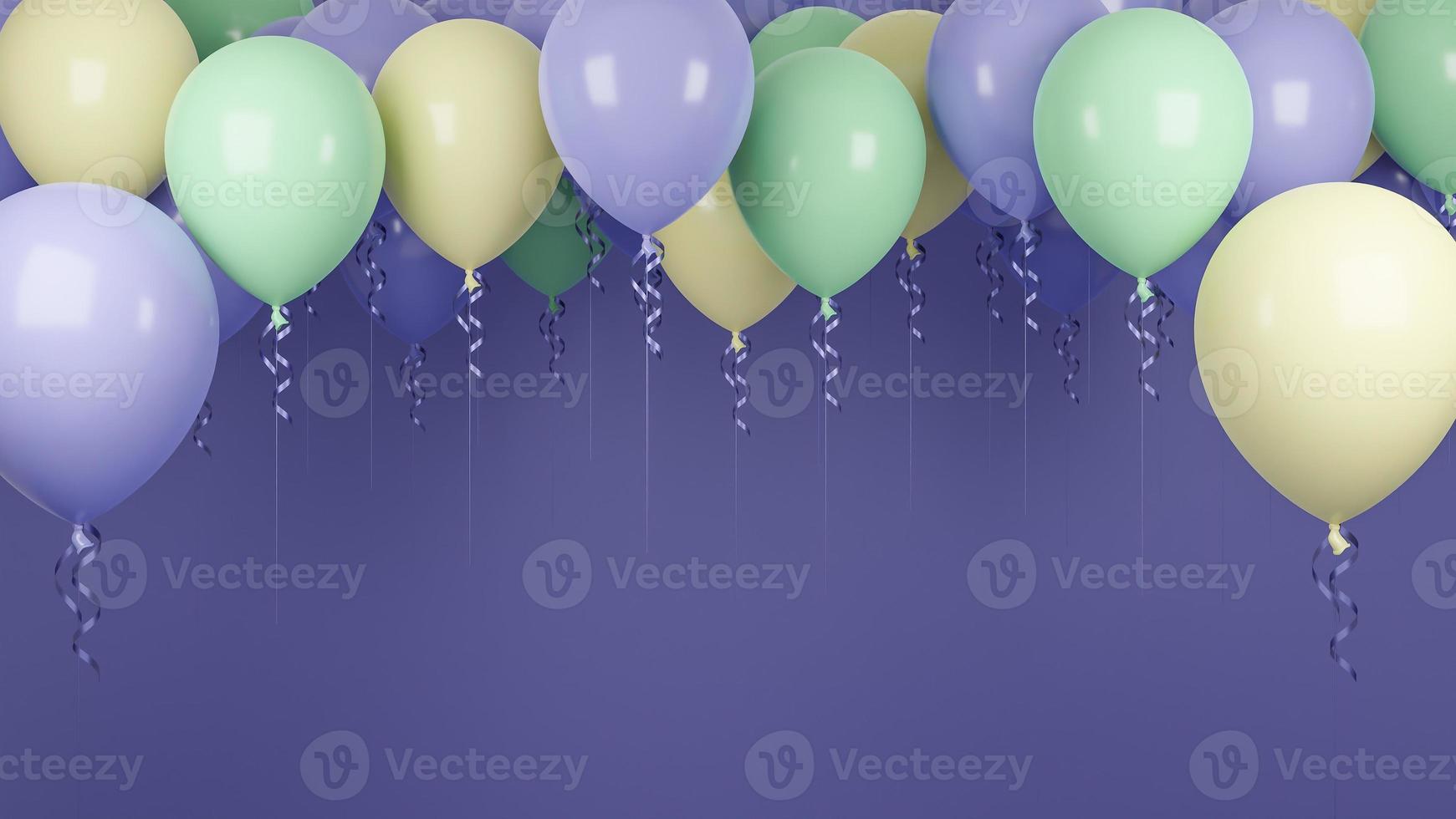 multi colored balloons floating in purple pastel background.birthday party and new year concept. 3d model and illustration. photo