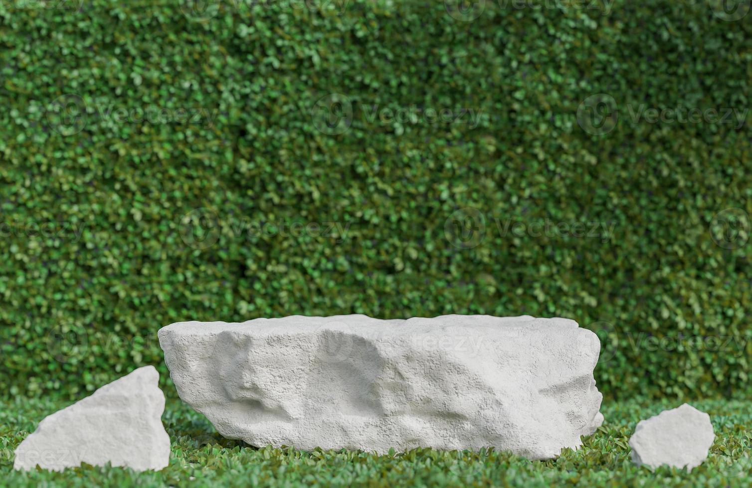 White stone podium for product presentation on green leaves wall background natural style.,3d model and illustration. photo