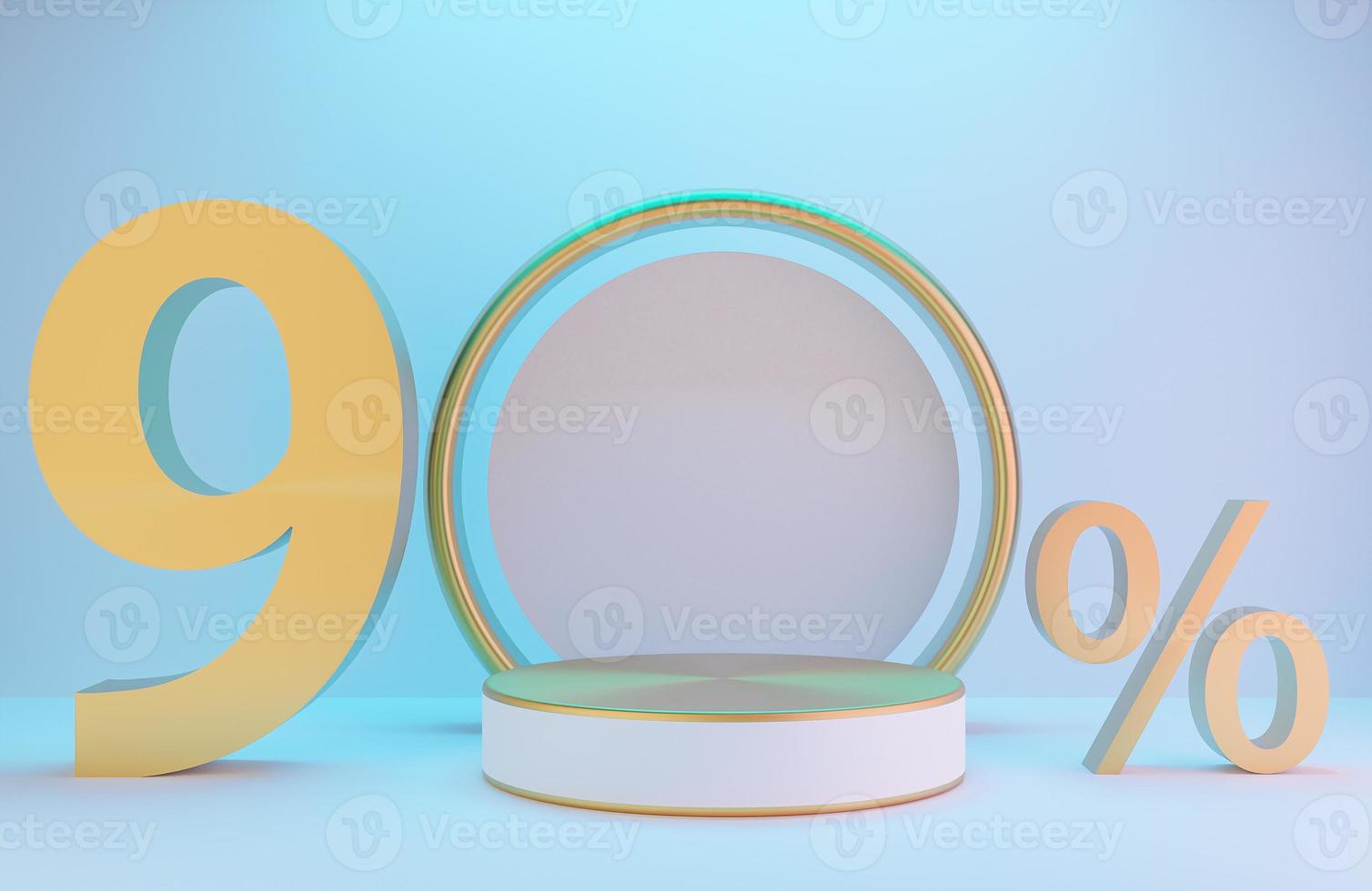 White and Gold podium and text 90 for product presentation and golden arch on white wall with lighting background luxury style.,3d model and illustration. photo