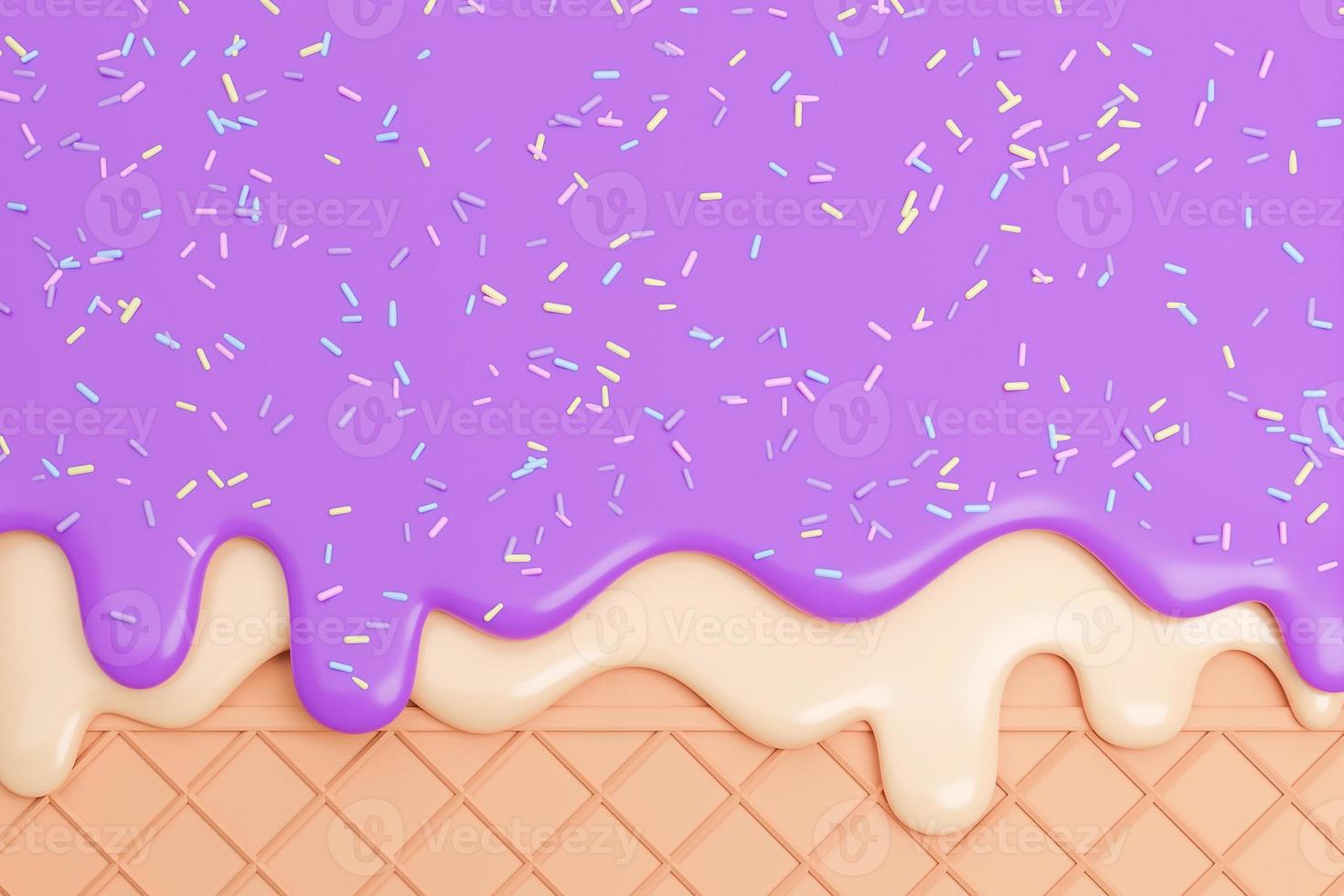 Blueberry and Vanilla Ice Cream melted with Sprinkles on Wafer Background.,3d model and illustration. photo