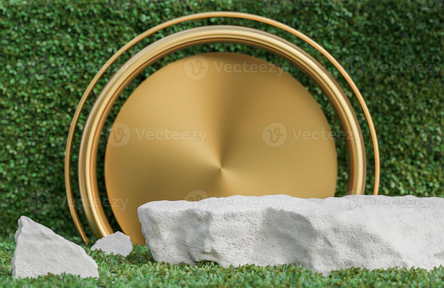 White stone podium for product presentation and golden arch on green leaves wall background natural style.,3d model and illustration. photo