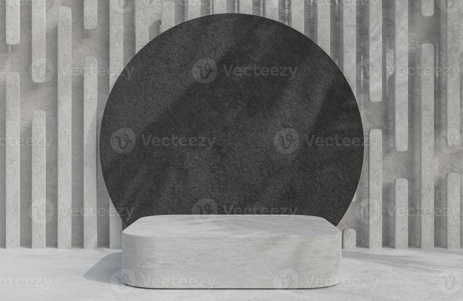 Concrete podium for product presentation and black rock circle on concrete wall background minimal style.,3d model and illustration. photo