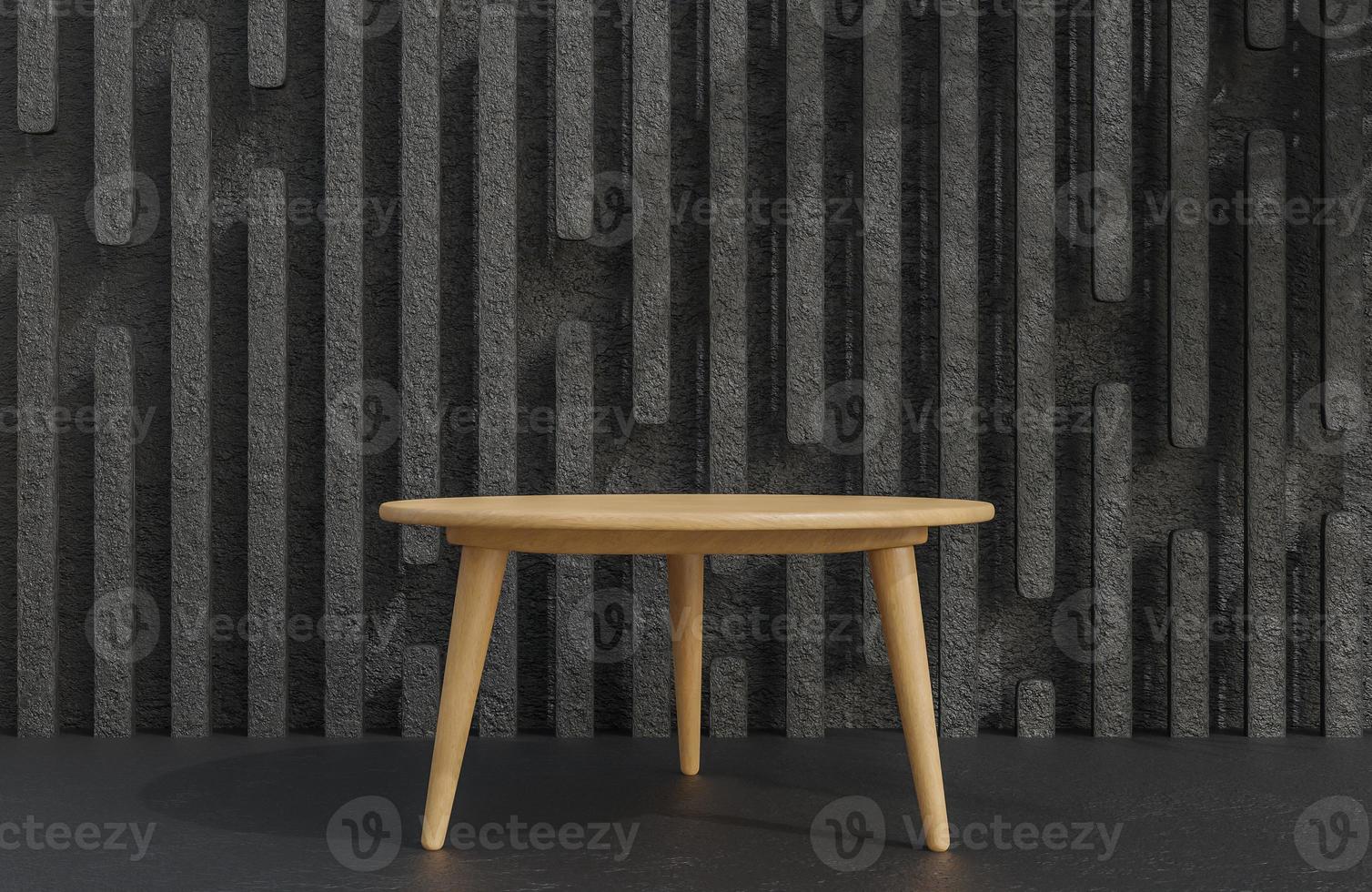 Wooden table podium for product presentation on Black concrete wall background minimalist style.,3d model and illustration. photo