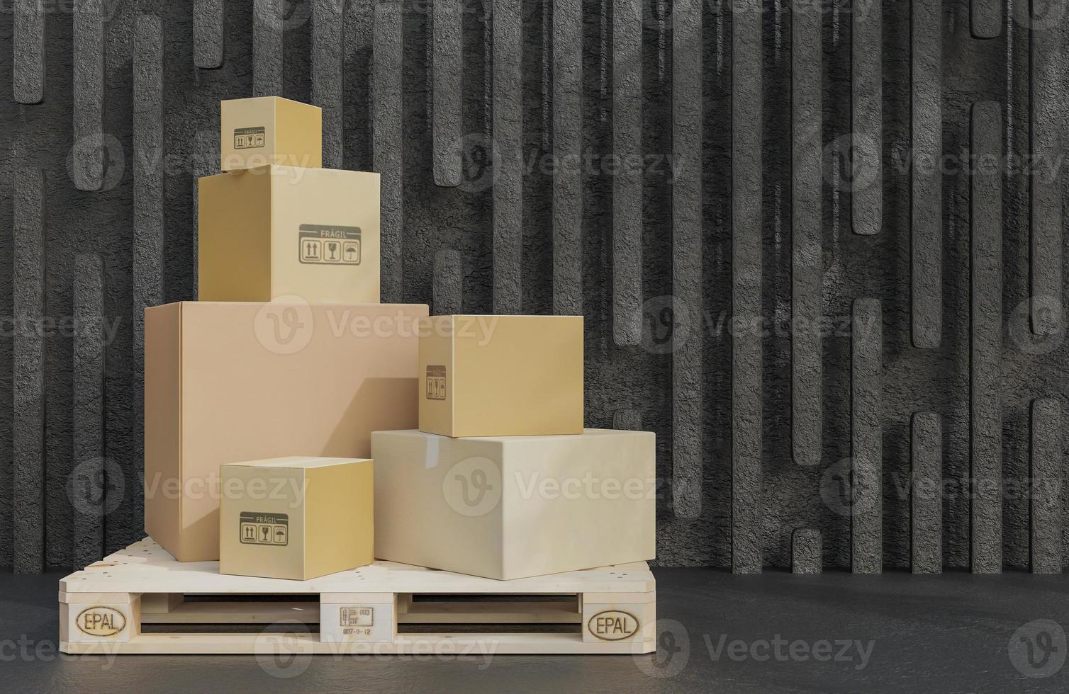 montón de cajas de cartón para la entrega de mercancías en paletas de madera, paquetes sobre fondo de piedra negra, modelo 3d e ilustración. foto