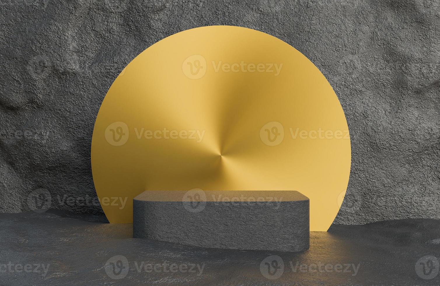 Black stone podium for product presentation and golden arch on stone wall background luxury style.,3d model and illustration. photo