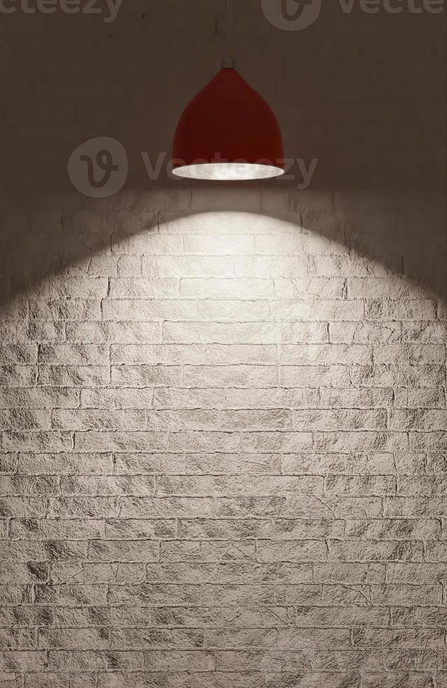 una luz de techo roja ilumina una pared de ladrillo blanco.,modelo e ilustración 3d. foto