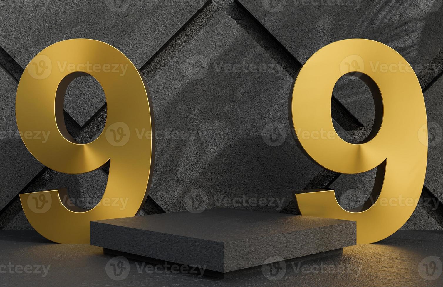 Black stone podium and golden text 9.9 for product presentation on stone wall background luxury style.,3d model and illustration. photo