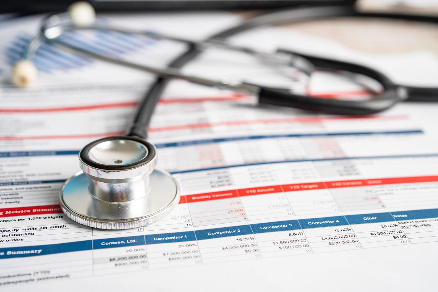 Stethoscope on spreadsheet paper, Finance, Account, Statistics, Investment, Analytic research data economy spreadsheet and Business company concept. photo