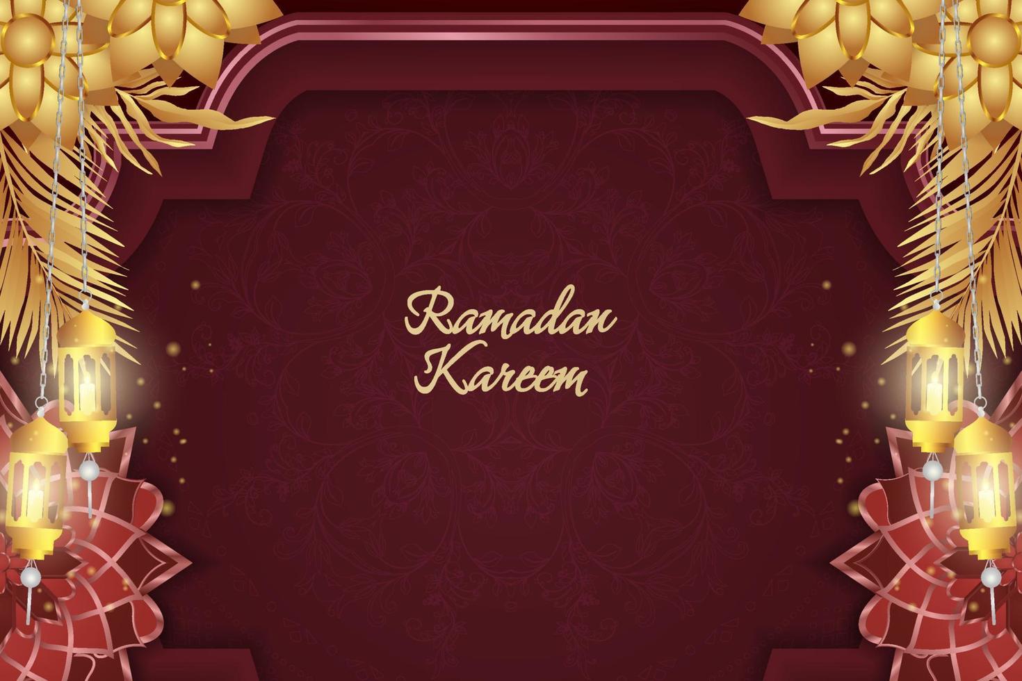 Background Ramadan Kareem Islamic red and gold luxury with mandala and lantern vector