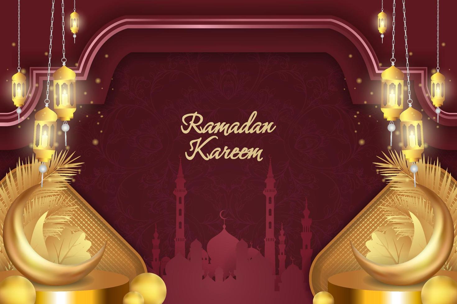 Ramadan Kareem Islamic red and gold luxury color with mandala vector