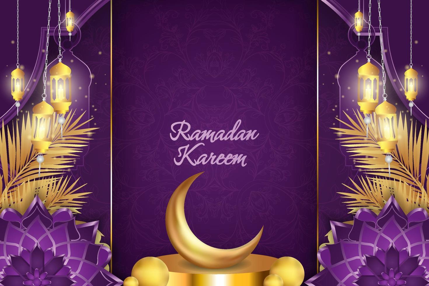 ramadan kareem fondo de lujo islámico púrpura y dorado con mandala y podio vector