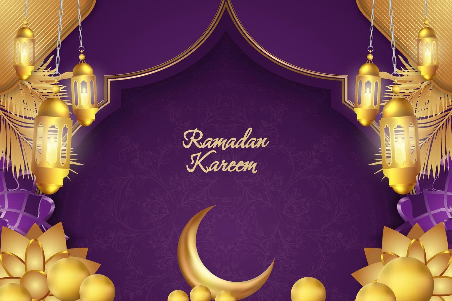 Ramadan Kareem Islamic purple and gold luxury with mandala vector